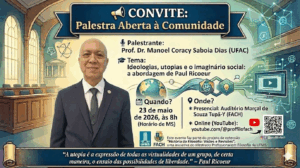 CONVITE: Palestra Aberta à Comunidade Palestrante: Prof. Dr. Manoel Coracy Saboia Dias (UFAC) Tema: Ideologias, utopias e o imaginário social: a abordagem de Paul Ricoeur Quando? 23 de maio de 2026, às 8h (Horário de MS) Onde? Presencial: Auditório Marçal de Souza Tupã-Y (FACH) Online (YouTube): youtube.com/@proffilofach Informações de rodapé: Este evento faz parte do projeto de extensão "História da Filosofia: Visões e Revisões", uma iniciativa do Mestrado Profissional em Filosofia da UFMS. Logotipos institucionais: UFMS e FACH. Redes sociais: @proffilofach (Instagram e Facebook) e QR Code para acesso. "A utopia é a expressão de todas as virtualidades de um grupo, de certa maneira, o ensaio das possibilidades de liberdade." – Paul Ricoeur